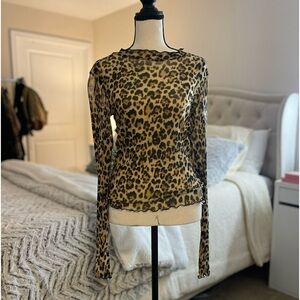 Forever 21 Jaguar Print Lettuce Trim High Neck Mesh Top